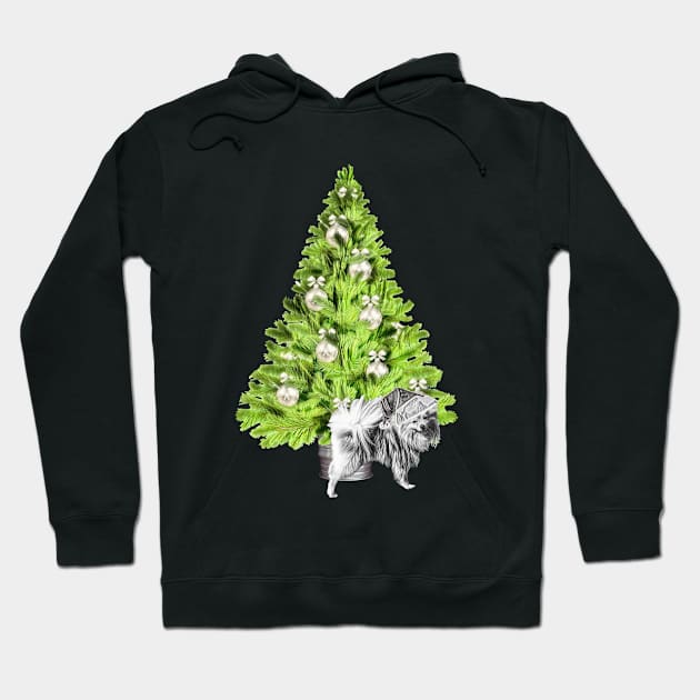 Pomeranian Dog Christmas scene with Christmas tree and Santa hat Hoodie by NikkiBear67